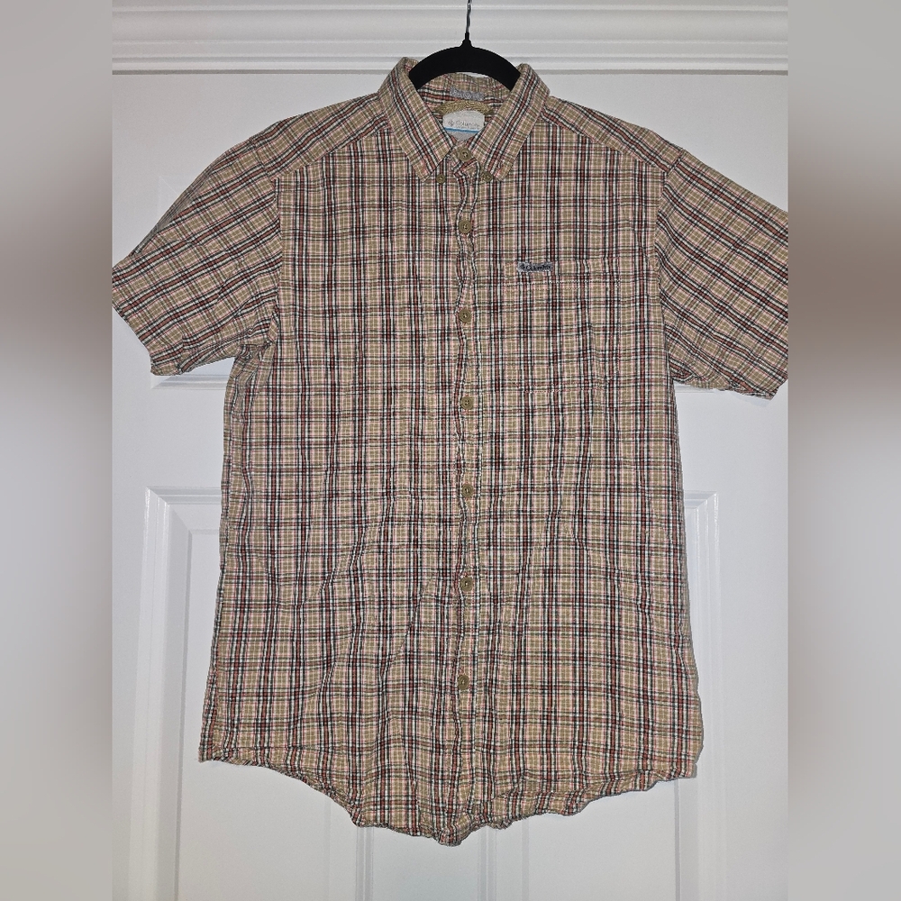Columbia Men's Beige and Blue Plaid Button Down Shirt
